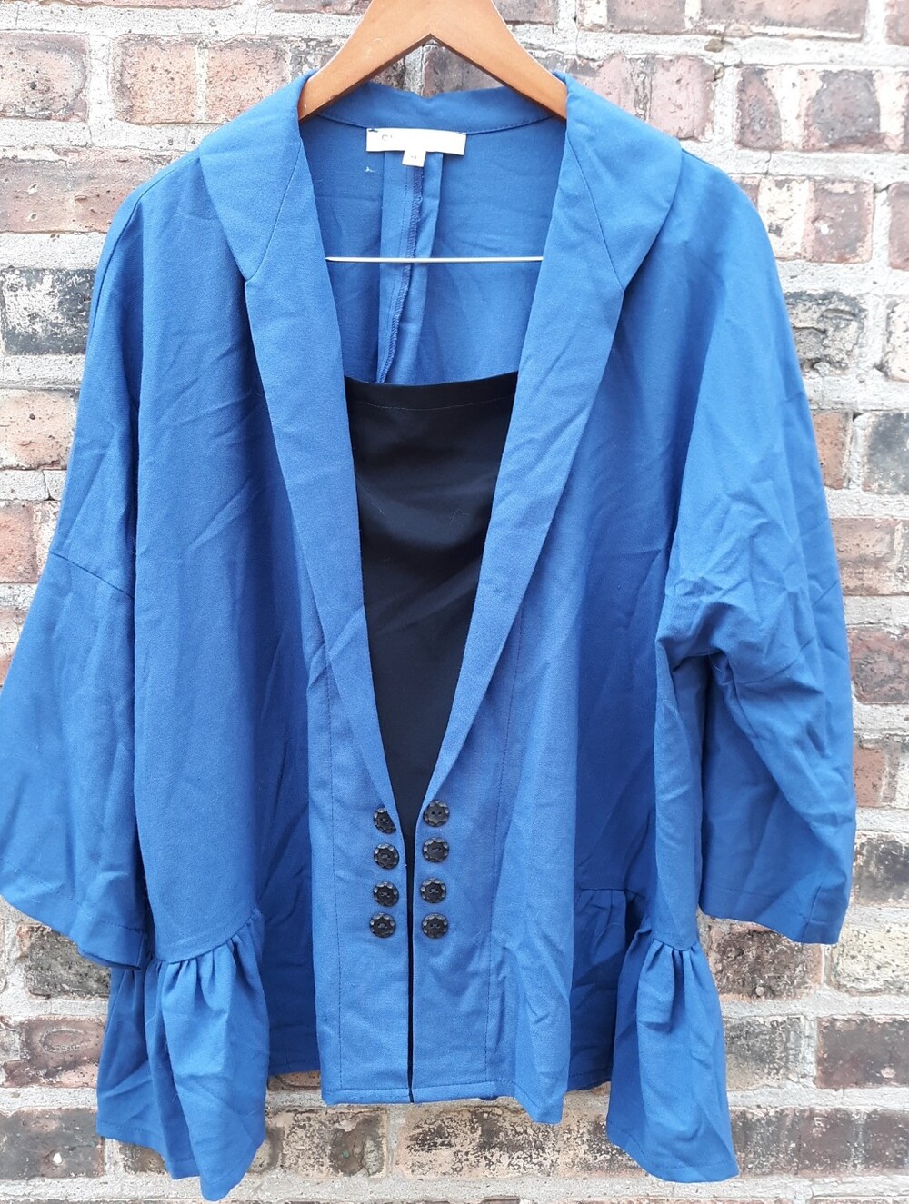Studio 90 Blue Rayon Crepe Ruffle Peplum Jacket Blazer Car Coat Avant Garde XL